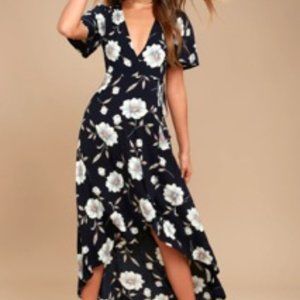 Lulus Lake Como Navy Blue Floral Print High-Low Wrap Dress - Size L